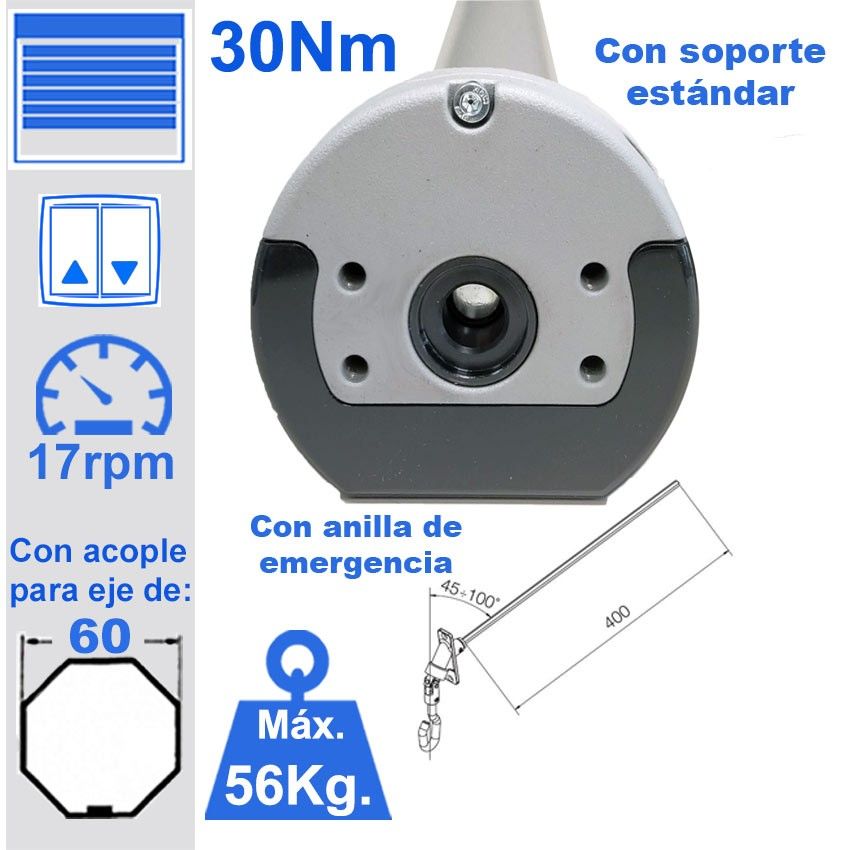 Motor para persiana con sistema de emergencia por manivela TTGO 30Nm