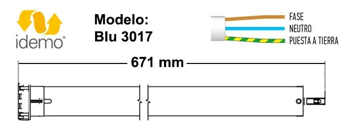 Dimensiones del motor marca Idemo por mando a distancia referencia Blu 3017