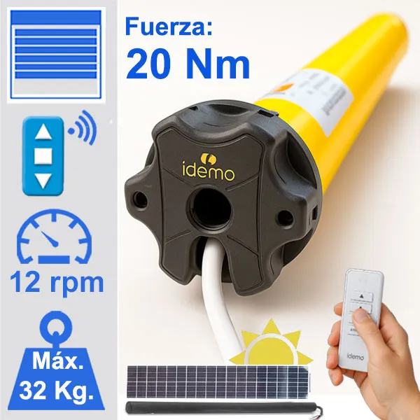 Motor de la marca Idemo para persianas con solar y batería. Referencia S-Tech 45. Motor con placa solar y batería para persiana | Idemo S-Tech